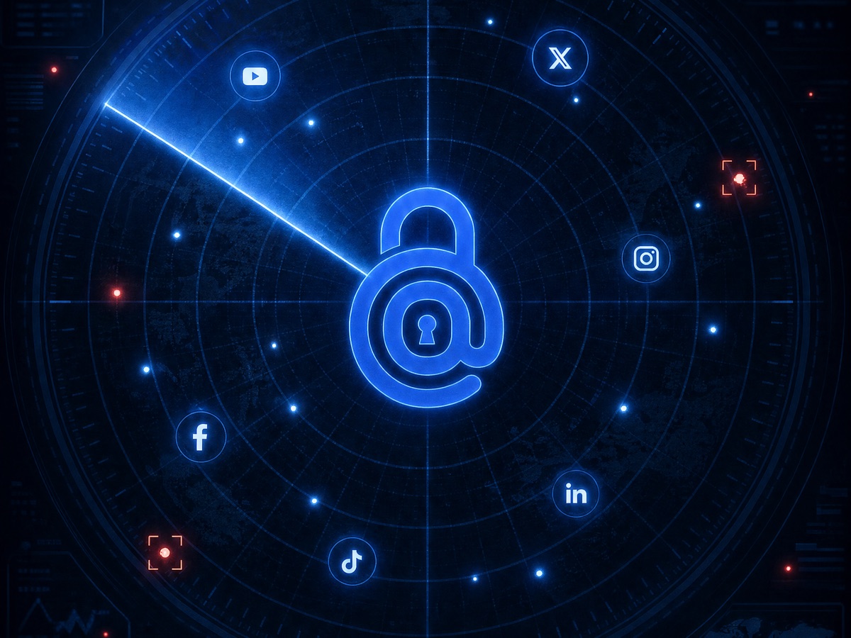 Ortasında kobalt @ kilit bulunan, çevresinde sosyal platform simgeleri dönen radar ekranı